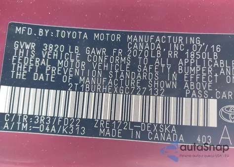 2016 Toyota Corolla S Plus z USA, uszkodzony, nr VIN 2T1BURHEXGC727132